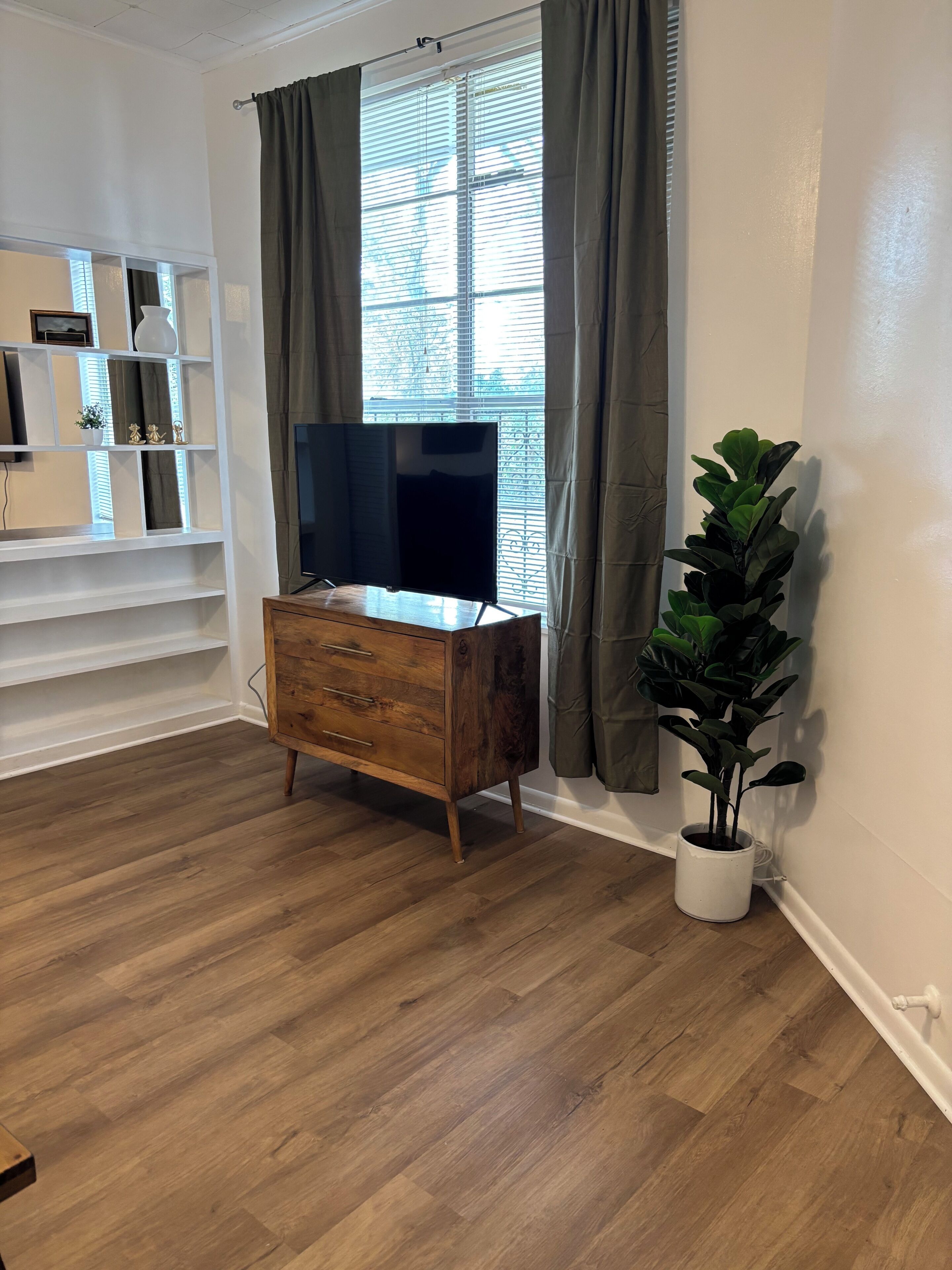 Un salon avec un meuble en bois, un téléviseur à écran plat, une plante en pot et une fenêtre avec des rideaux.
