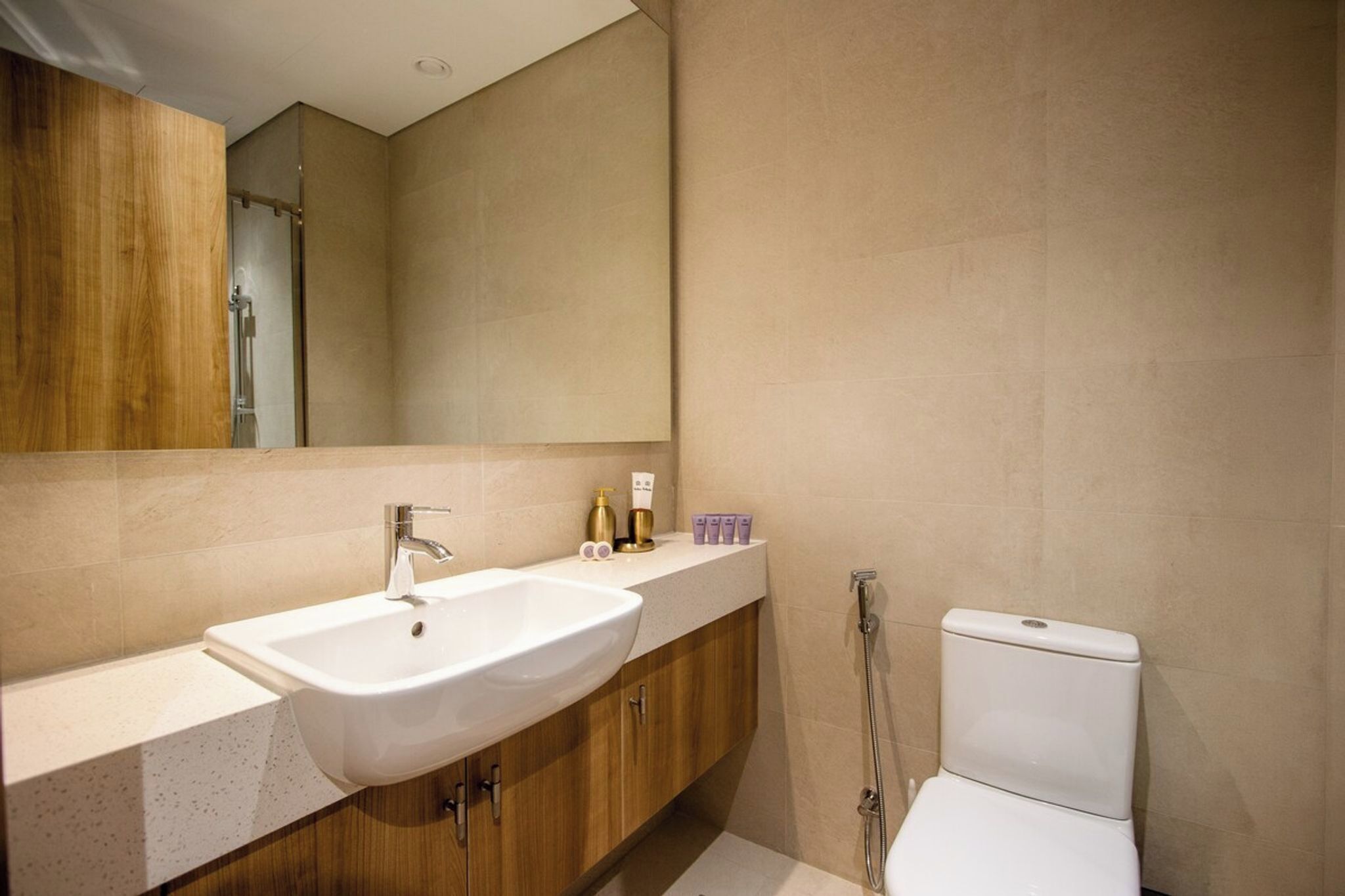 Une salle de bain moderne avec un lavabo blanc, des meubles en bois, un grand miroir et des toilettes.
