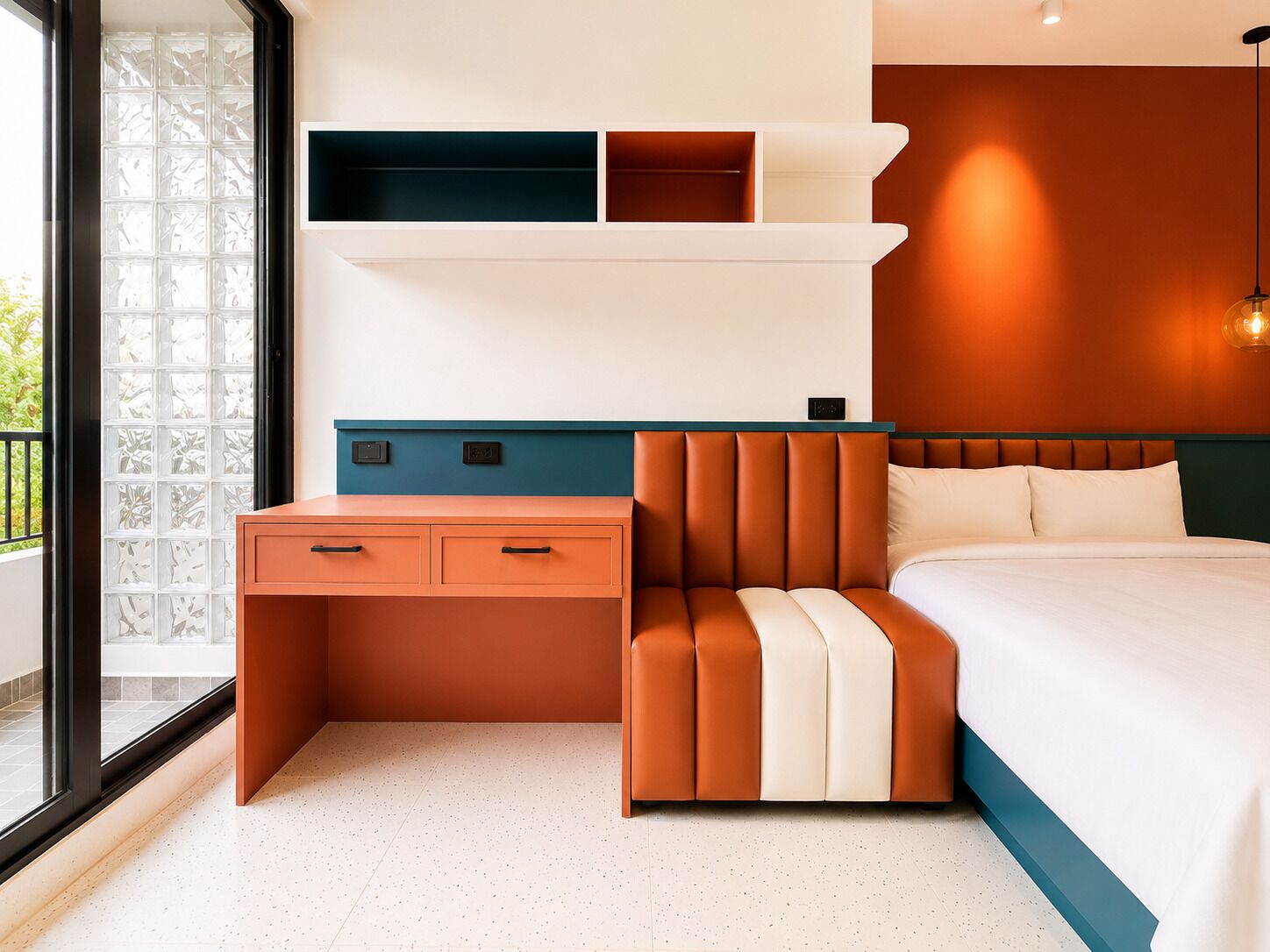 A modern bedroom with a bed, a nightstand, a dresser, and a built-in shelf unit.