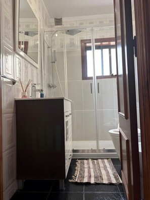 Shower, hair dryer, towels