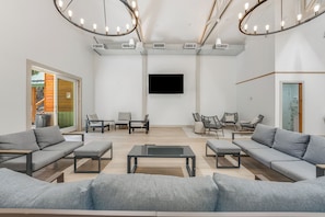 Smart TV, fireplace, foosball, table tennis