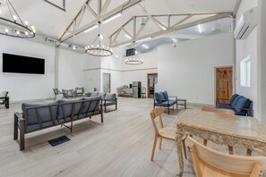 Smart TV, fireplace, foosball, table tennis