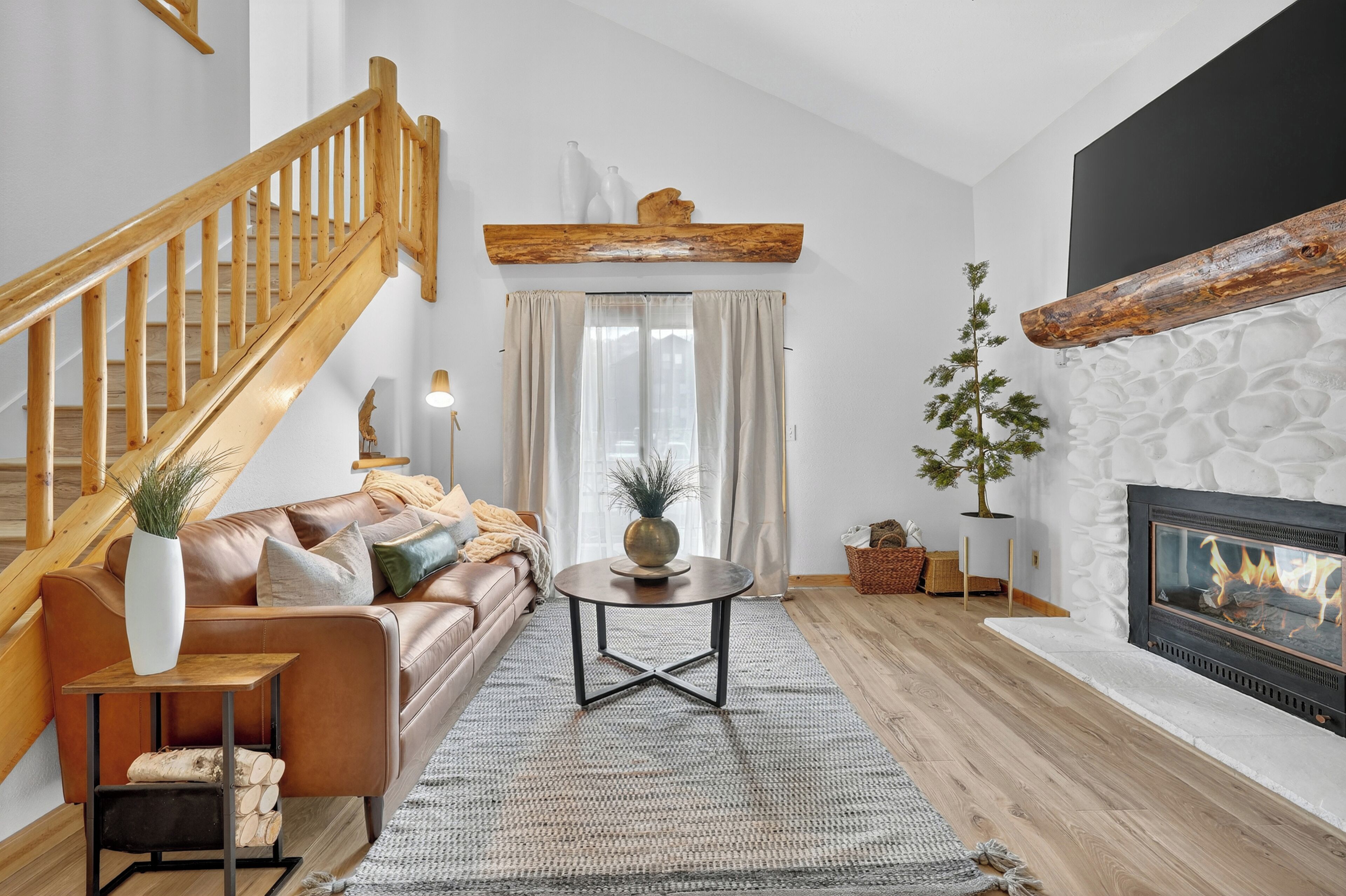 Smart TV, fireplace, books