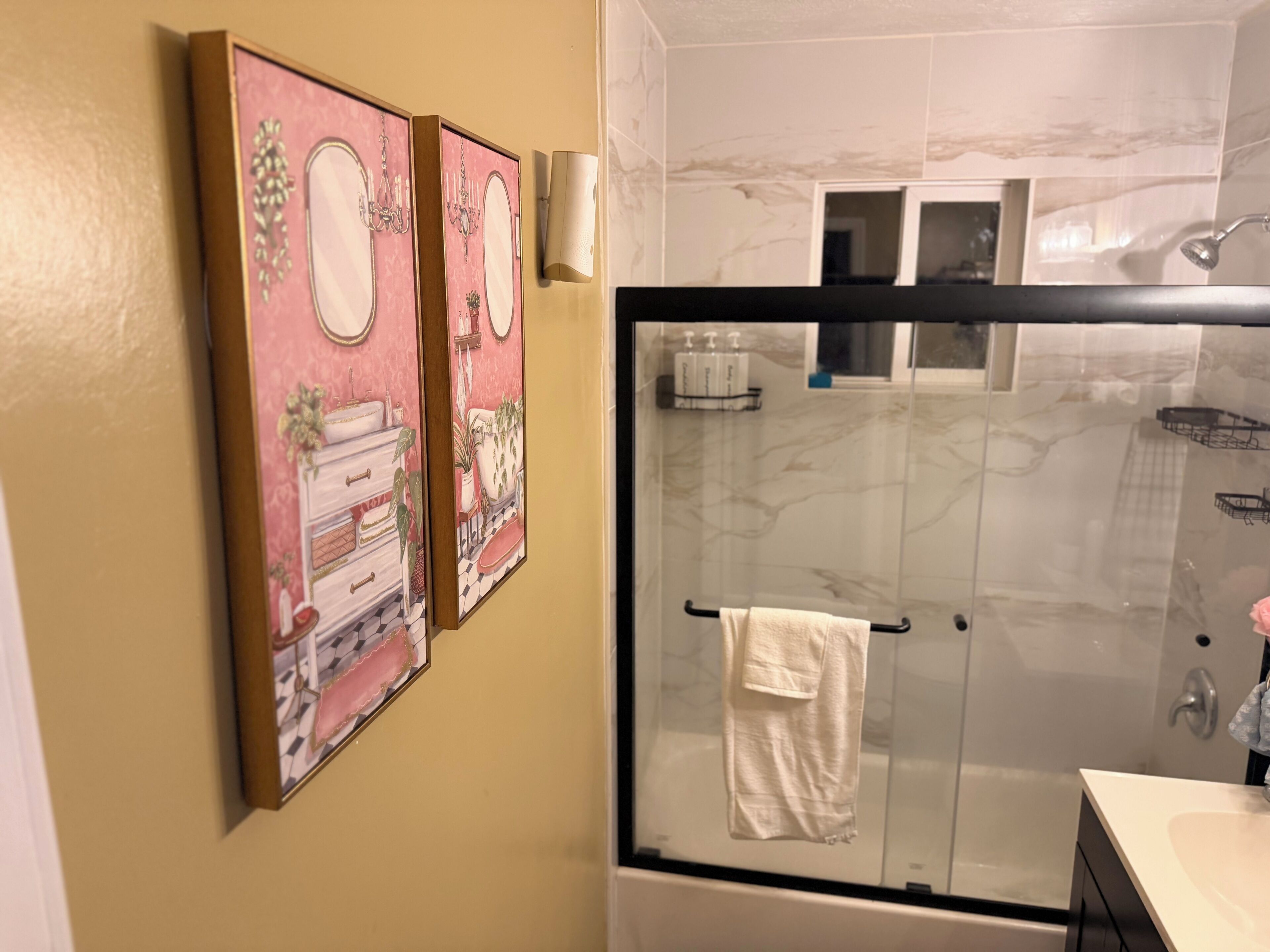 A bathroom with a shower, a sink, and two framed pictures on the wall.
