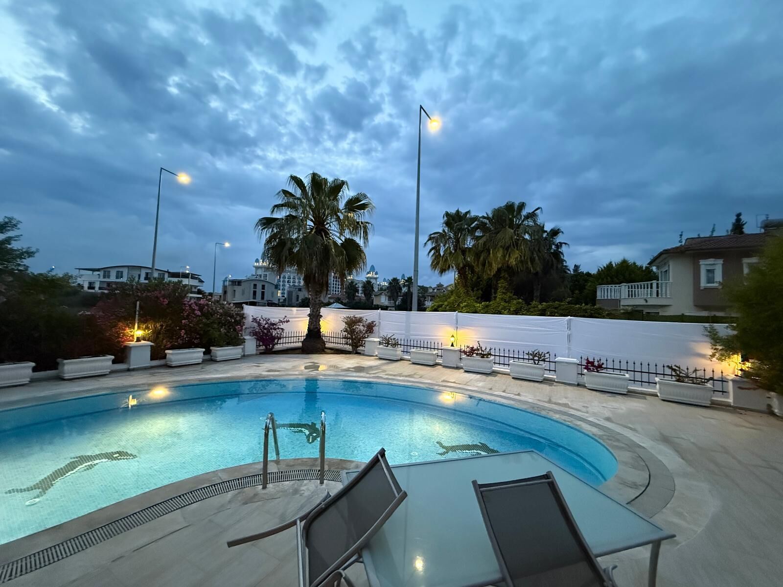 A swimming pool with a glass enclosure, palm trees, and a white fence.