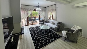 Un saló amb un sofà, una butaca, televisió i una catifa estampada.