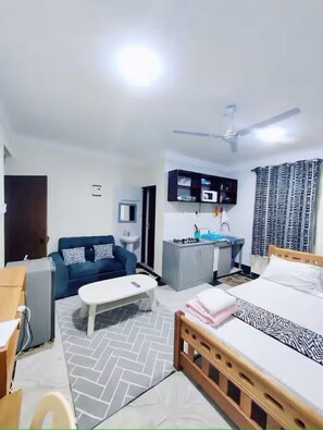 Ein kleines Hotelzimmer mit Bett, Sofa, kleinem Schreibtisch, Deckenventilator, Fernseher und Bad.