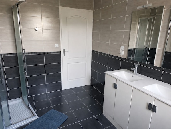 Une salle de bain avec une douche, un lavabo et un miroir.