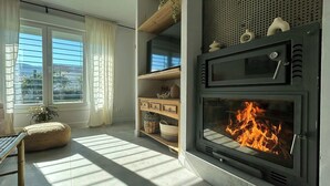 A modern living room with a fireplace, a sofa, a coffee table, and a view of the outdoors.