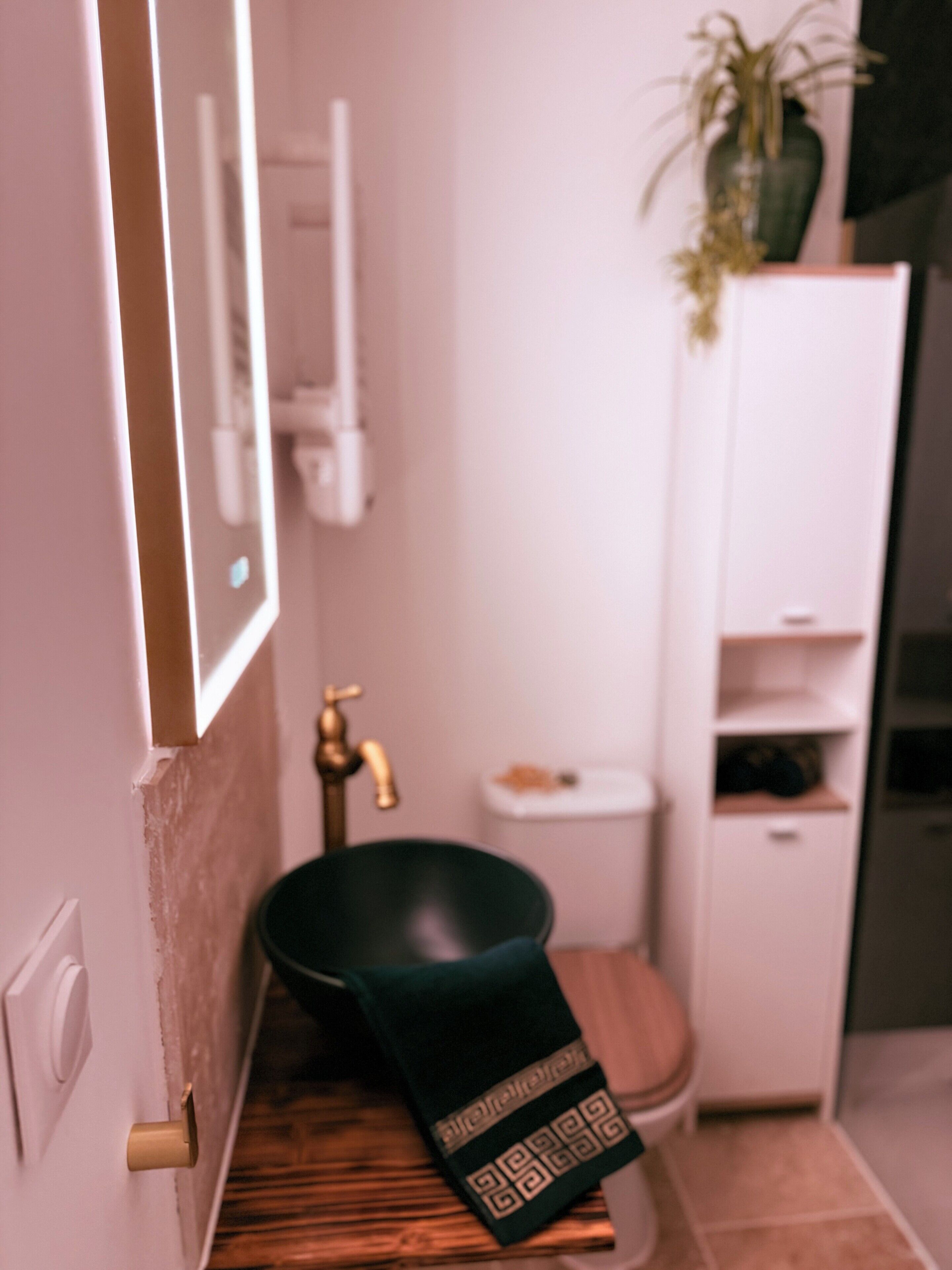 A bathroom with a toilet, sink, and a black basin.