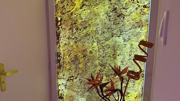 Ein Zimmer mit einer Tür aus geriffeltem Glas, einer Topfpflanze mit orangefarbenen Blüten und einem Türgriff.
