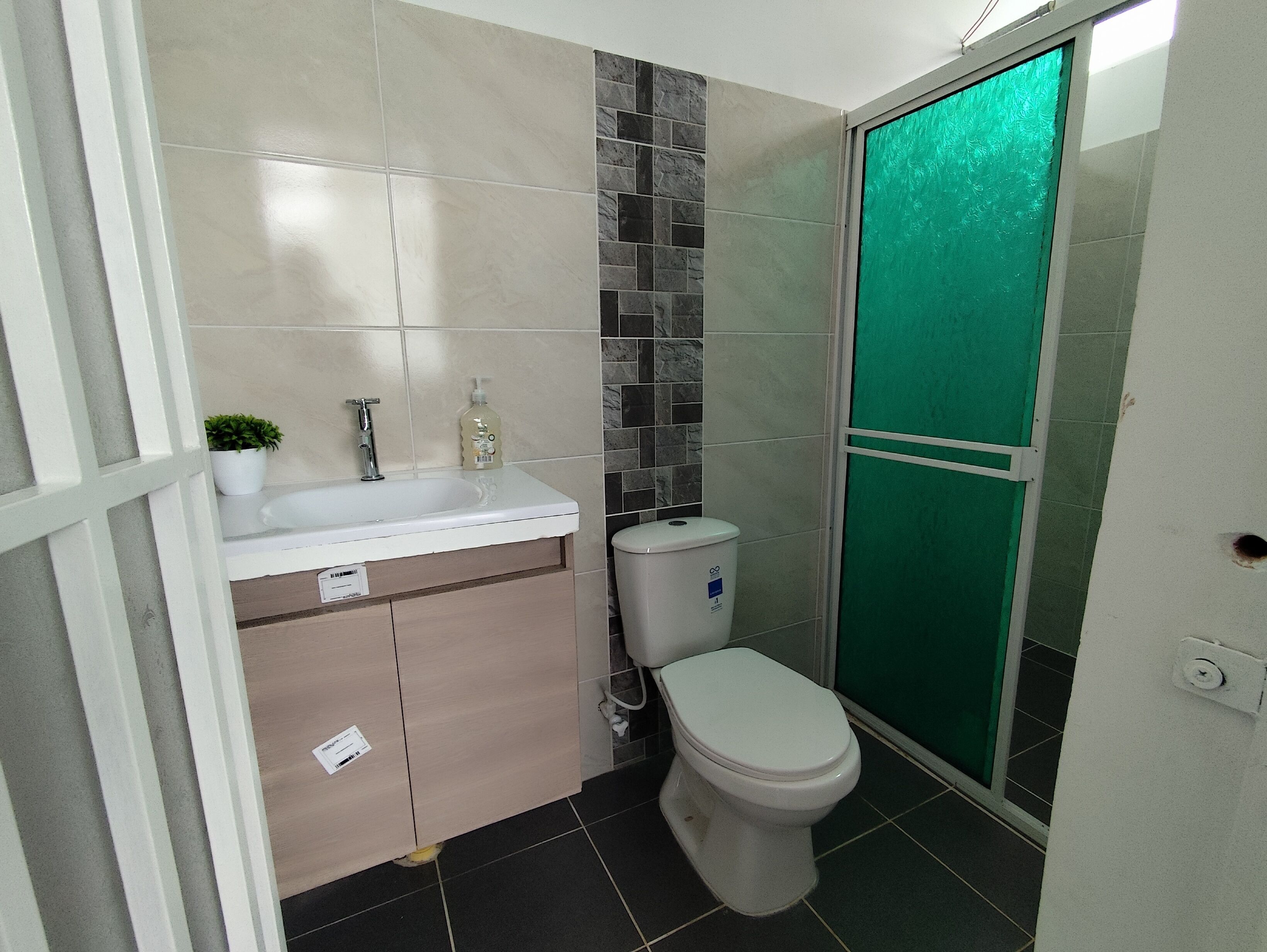 Un baño con inodoro, lavamanos y una puerta de ducha verde.