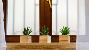 A window with three wooden planters containing green plants. - Charming Apartment Maison all'arco (Corridonia)