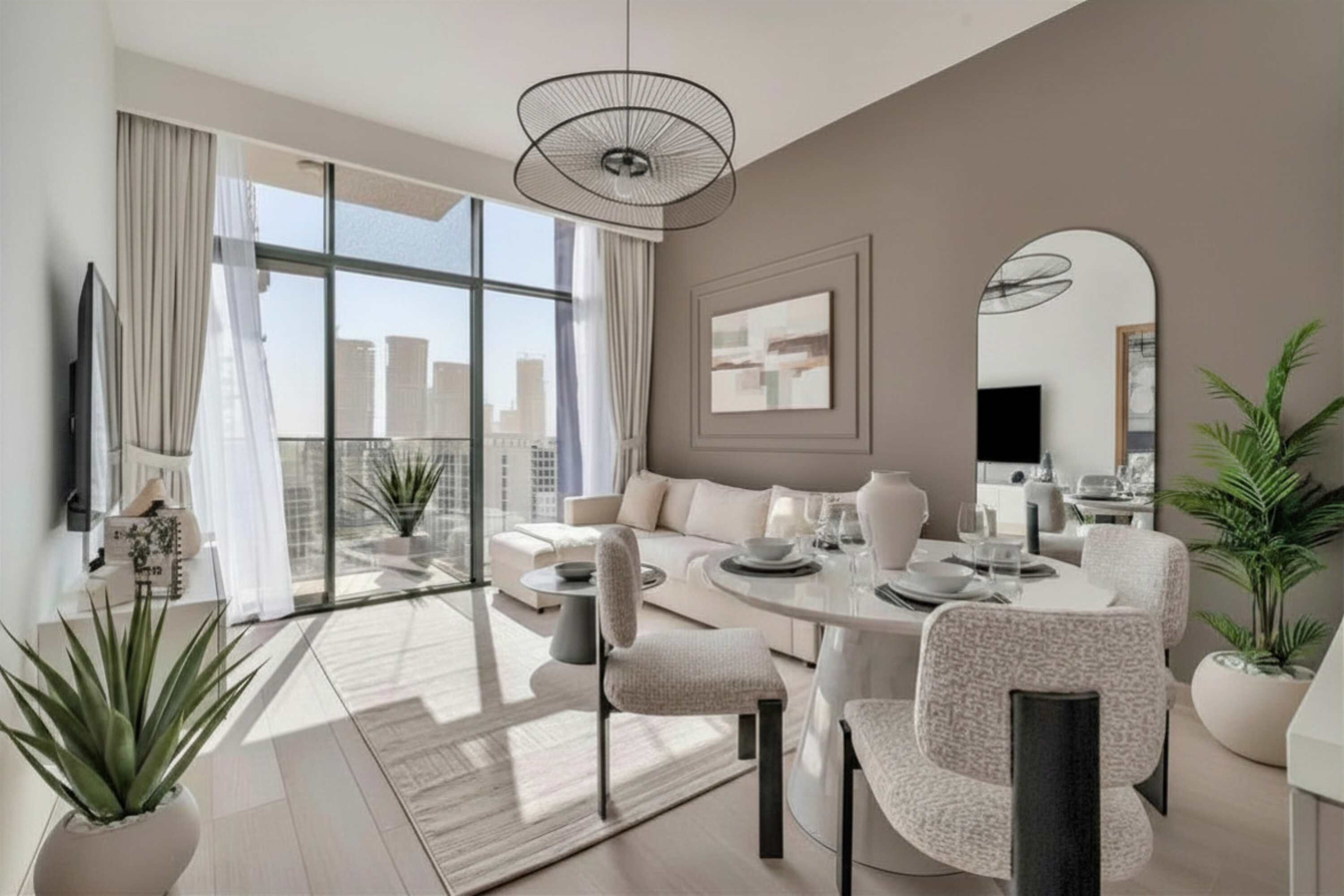 A modern living room with a dining area, large windows, and a city view.