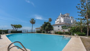 A swimming pool with a metal ladder, surrounded by a concrete deck, palm trees, and a white building with a stone facade.