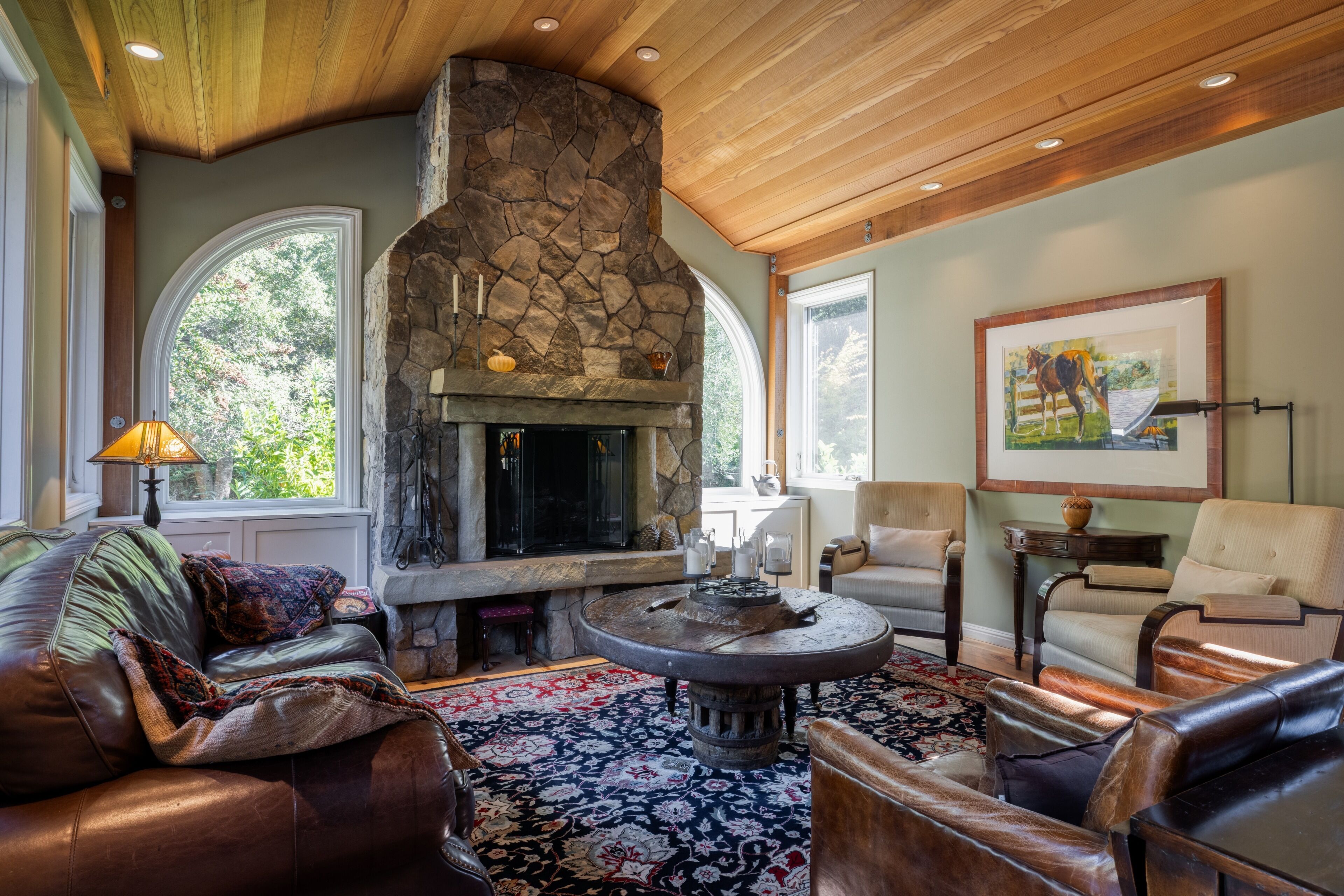 TV, fireplace, books, video library
