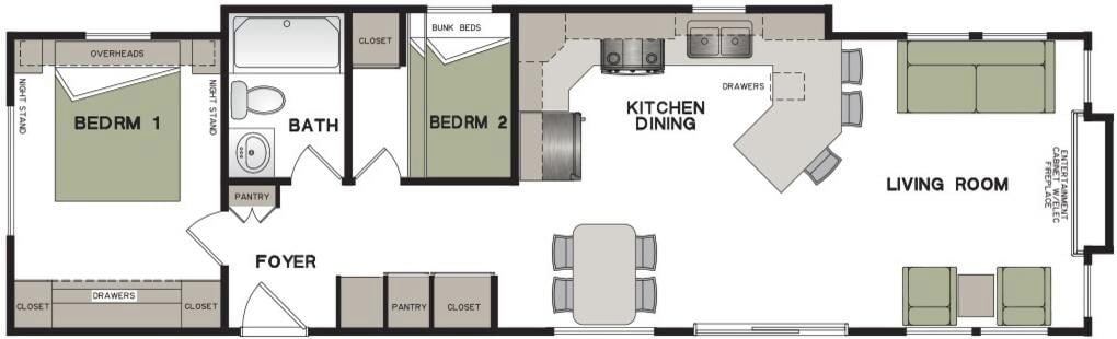 A floor plan with two bedrooms, a bathroom, a kitchen, dining area, living room, and a foyer.