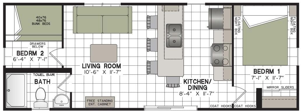 A floor plan of a hotel room with a living room, kitchen/dining area, two bedrooms, and a bathroom.