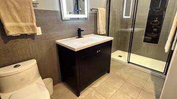 Une salle de bain équipée de toilettes, d’un lavabo, d’un miroir et d’une douche.