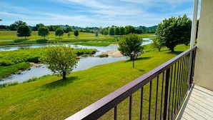 A balcony with a view of a river, grassy fields, and trees. - Landmark Inn On The River (Sevierville)