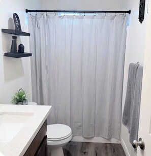Hair dryer, towels, soap, shampoo