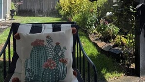 Un lit en métal noir avec un oreiller orné d’un motif de cactus, un coussin rayé noir et blanc, et une vue sur un jardin avec une clôture en bois et une maison en arrière-plan.