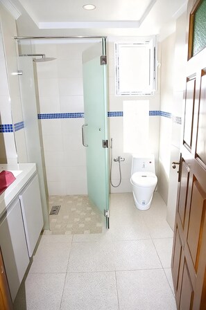Hair dryer, towels, soap, toilet paper