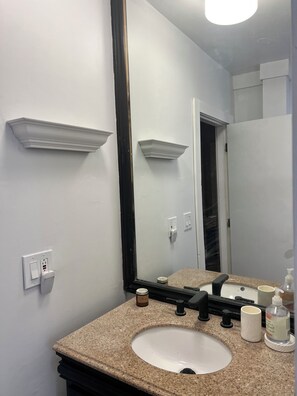 Hair dryer, towels, soap, toilet paper