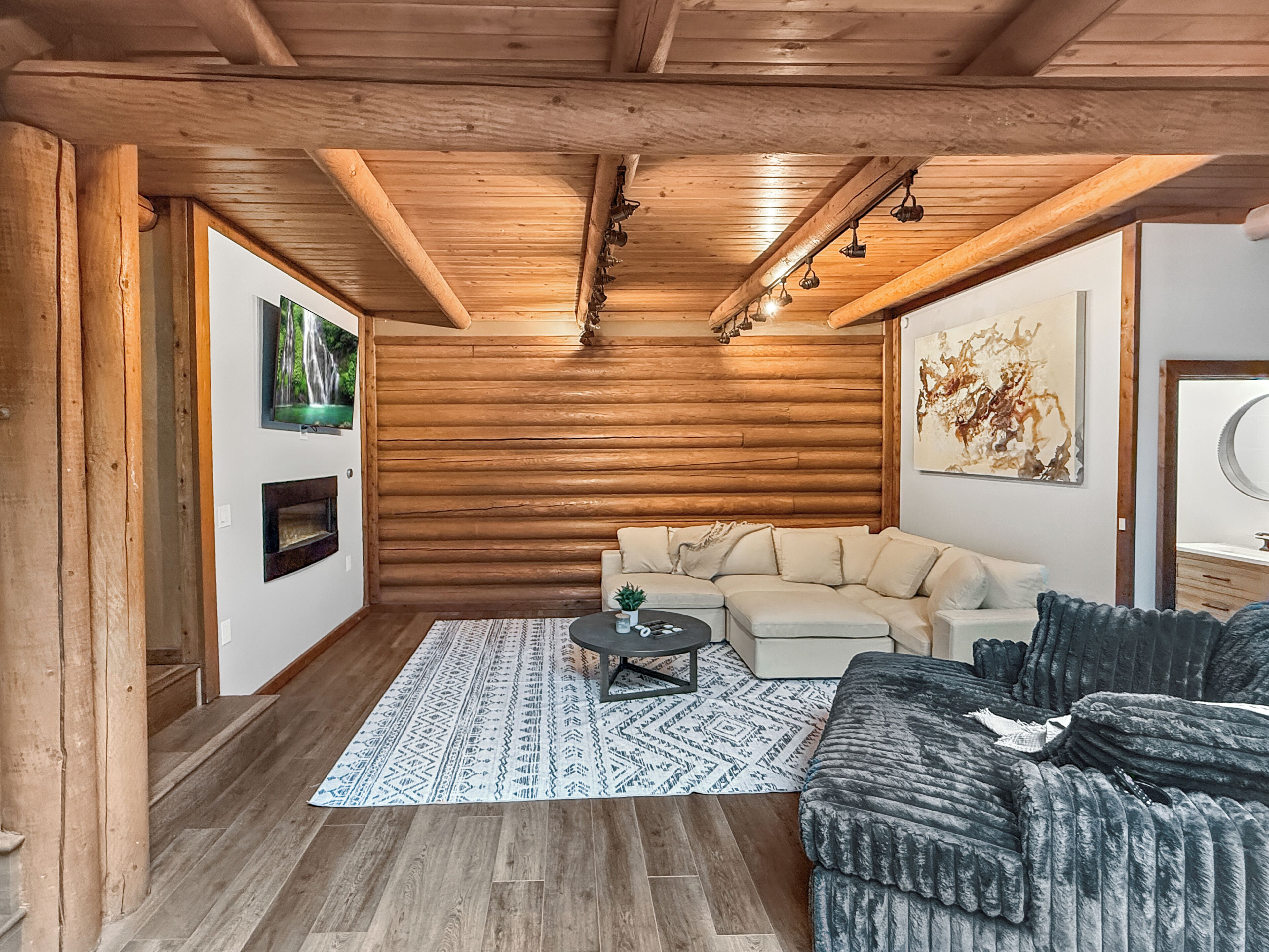Smart TV, fireplace, video games, DVD player