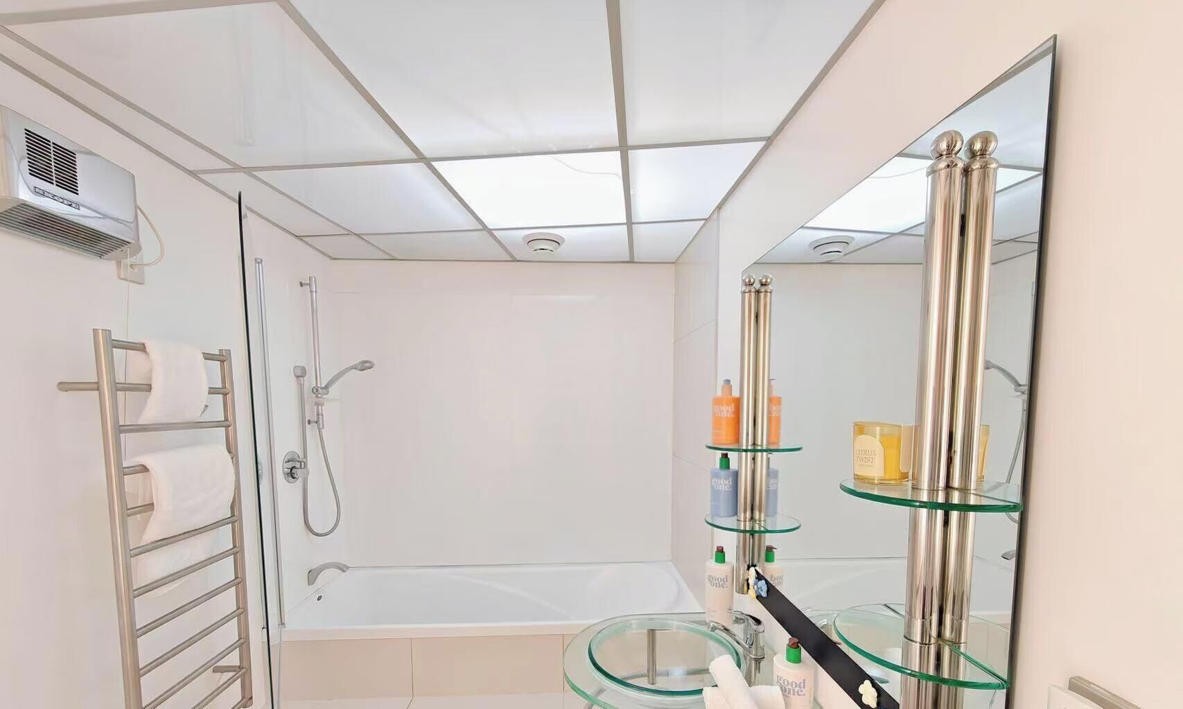 Hair dryer, towels, soap, toilet paper