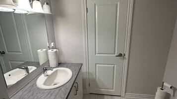 Hair dryer, towels, soap, toilet paper