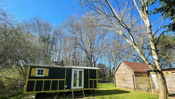 A small, single-story building with a green exterior and a white door, surrounded by a grassy area and trees. - The Shepherds Hut (Wallingford)