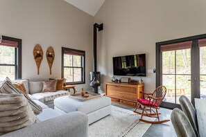 Televisión, chimenea y libros 