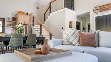 TV, fireplace, books