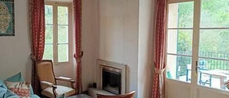 TV, fireplace, DVD player, books