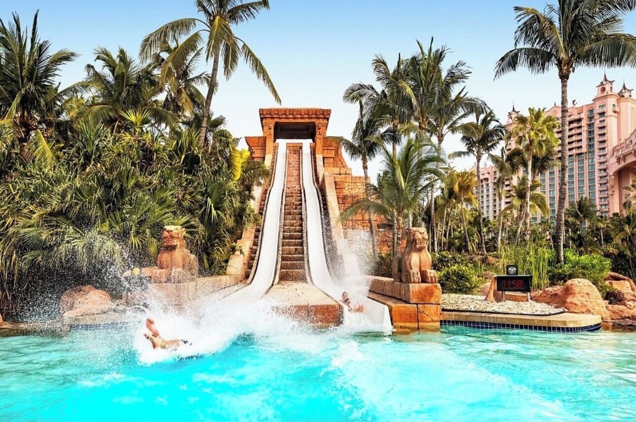 A water slide with a pool at the bottom, surrounded by palm trees and a hotel building.