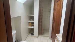 Een badkamer met dakraam, toilet, douche en een houten deur.