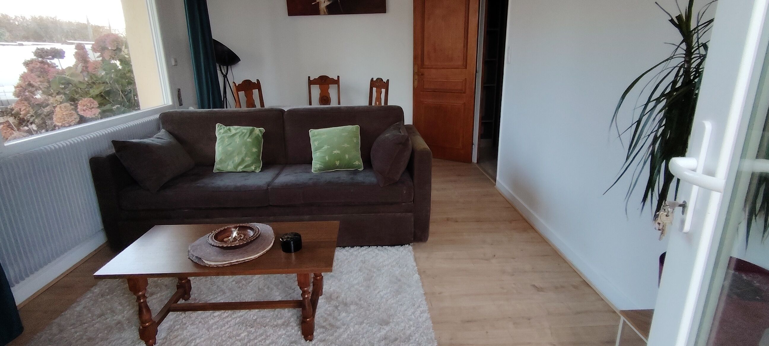 Un salon avec un canapé, deux coussins verts, une table basse en bois et une vue par la fenêtre.
