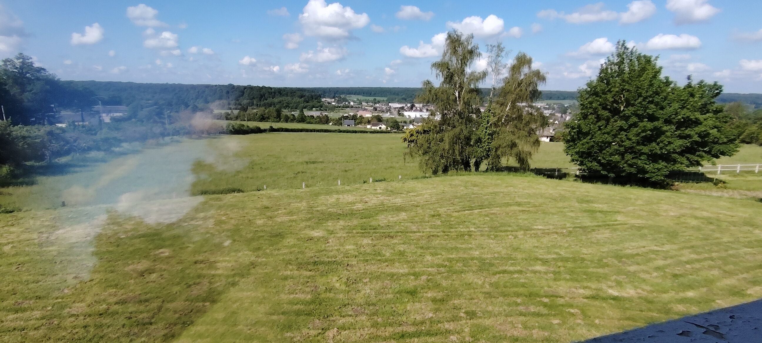 Un champ verdoyant, parsemé d’arbres, avec une vue lointaine sur une ville.