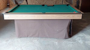 Une table de billard dans une pièce aux murs en bois, avec un tableau encadré représentant des animaux sauvages et un sol en béton.