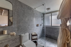 Studio Confort | Salle de bain | Douche, séchoir à cheveux, serviettes fournies, savon
