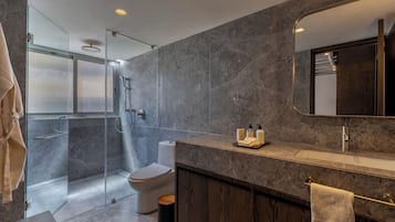Premium Studio | Bathroom | Shower, hair dryer, towels, soap