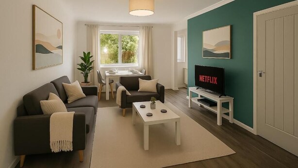 Een moderne woonkamer met een bank, salontafel en televisie, een eethoek en een deur.