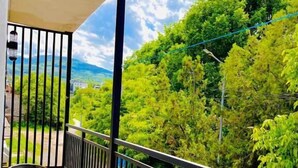 A balcony with a table and chairs, a railing, and a view of green trees and a distant landscape.