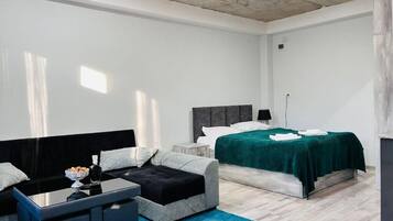 Lägenhet Comfort - 1 kingsize-säng med bäddsoffa - balkong - utsikt mot staden | Mörkläggningsgardiner, ljudisolering och strykjärn/strykbräda