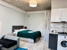Una habitación compacta con cama, un sofá pequeño, lavadora y kitchenette.