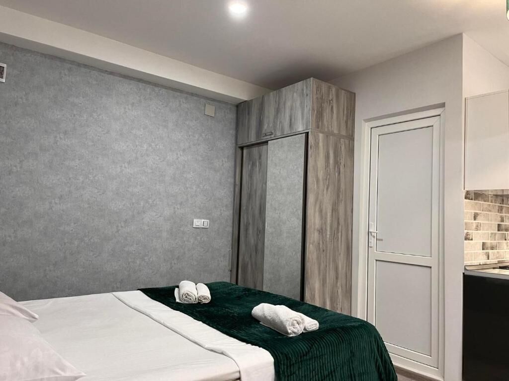 Una camera d'albergo con un letto, una doccia e una porta.