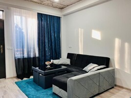 Una sala de estar moderna con un sofá, una mesa de centro y una alfombra azul.