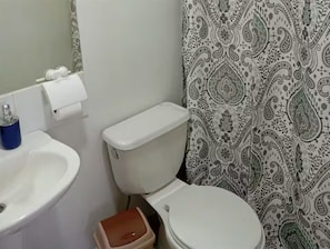 Hair dryer, towels, soap, toilet paper