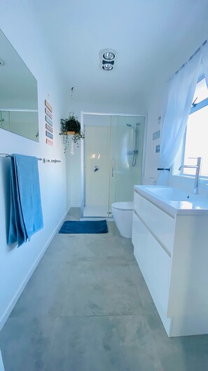 Shower, hair dryer, towels, toilet paper